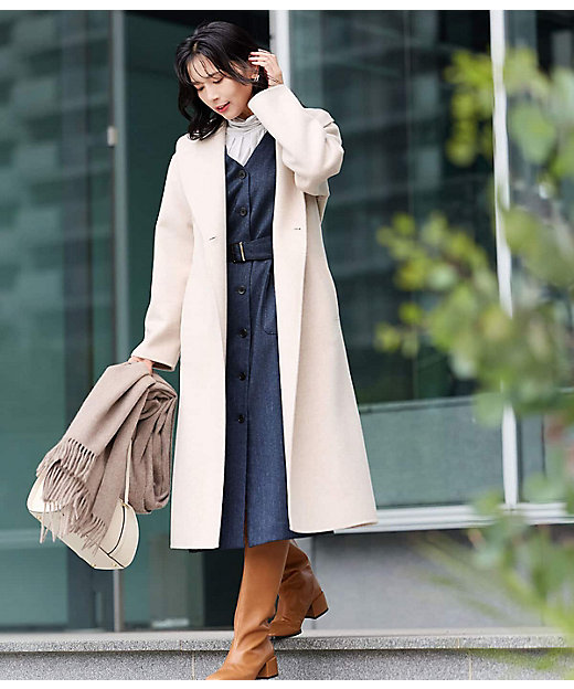 L】ウールナイロンリバー ショールカラーロングコート