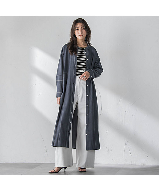 配色ステッチシャンブレーサイドプリーツワンピース≪手洗い可能