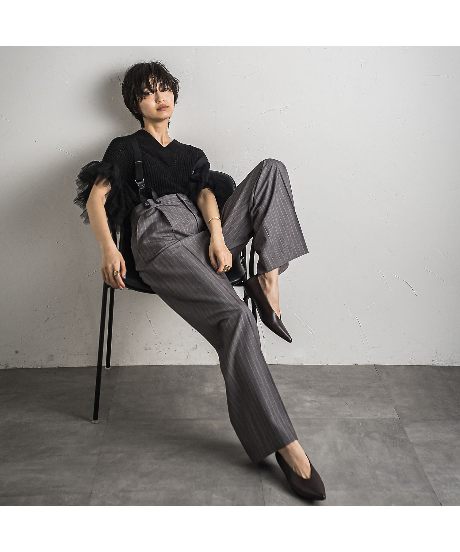 サスペンダー付きピンストライプワイドパンツ≪洗濯機で洗える