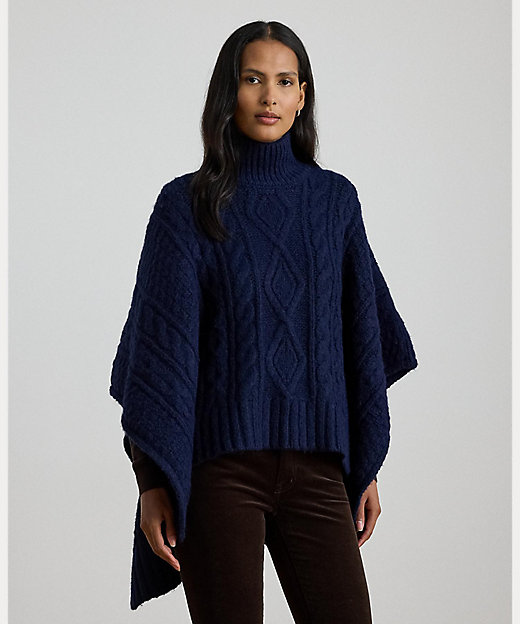 ボタントリム ケーブルニット モックネック ポンチョ