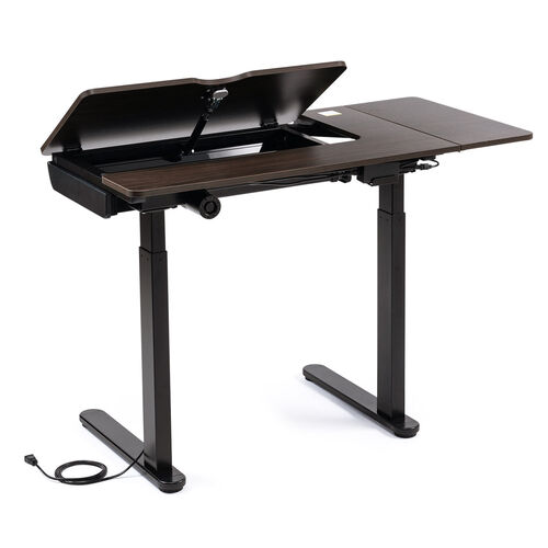 角度調整天板つき 電動昇降デスク 折りたたみ天板 引き出し付き 木目柄