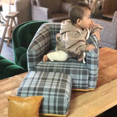 子ども用ソファとオットマンset 【light blue check】キッズソファ