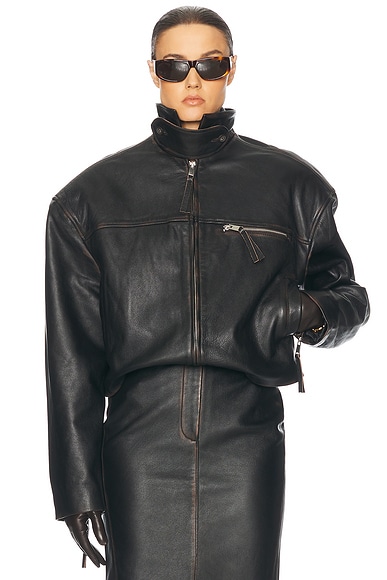 Helsa The Leather Oversized Moto Jacket in Black Distressed | FWRD
