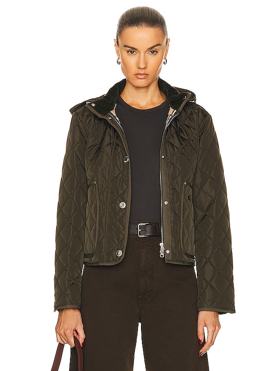Burberry Cropped Quilted Jacket in Dark Military Khaki | FWRD