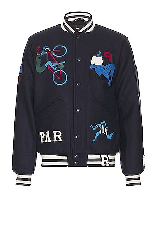 By Parra Run Sit & Bike Varsity Jacket in Navy Blue | REVOLVE