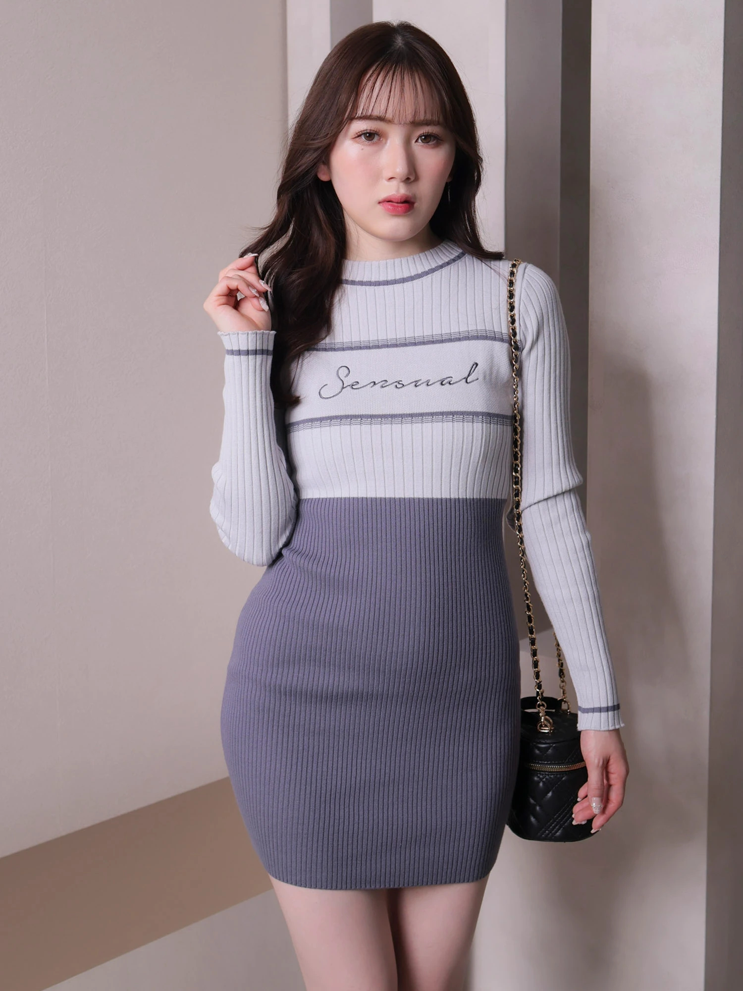 ESIO 幾何学模様 ジップアップ サイドリブ スナップ グレー ワンピース