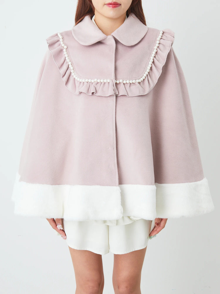 アンクルージュ ファー付 トリプルリボン ポンチョコート ケープ