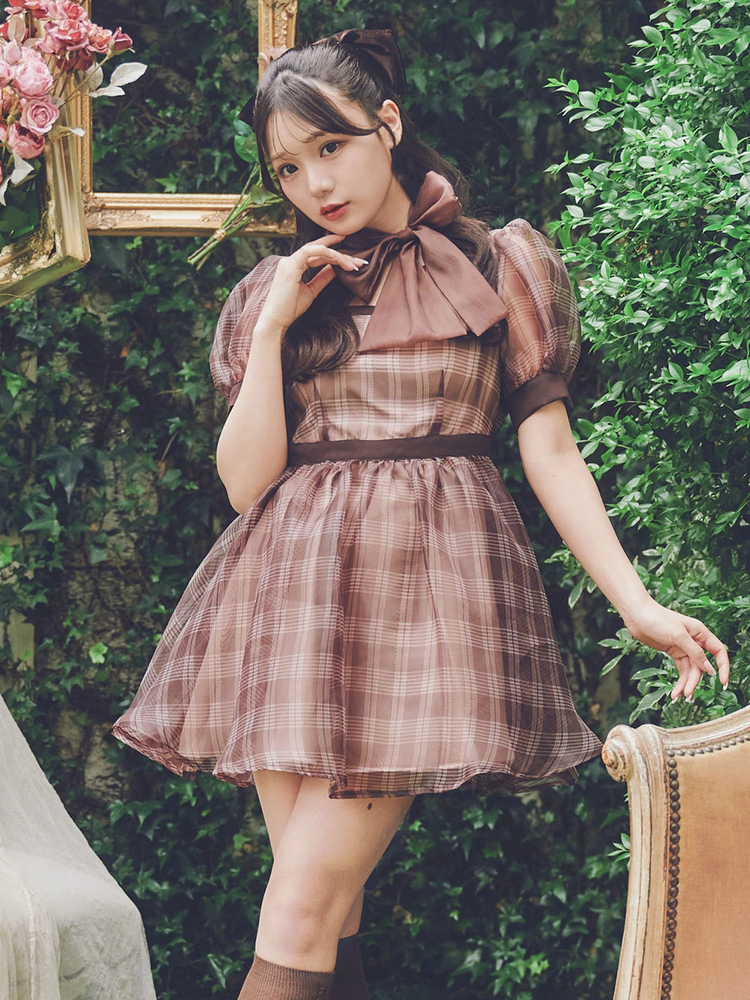 yilon イロン オフショルダーチェックミニOP ブラウン イロン ワン