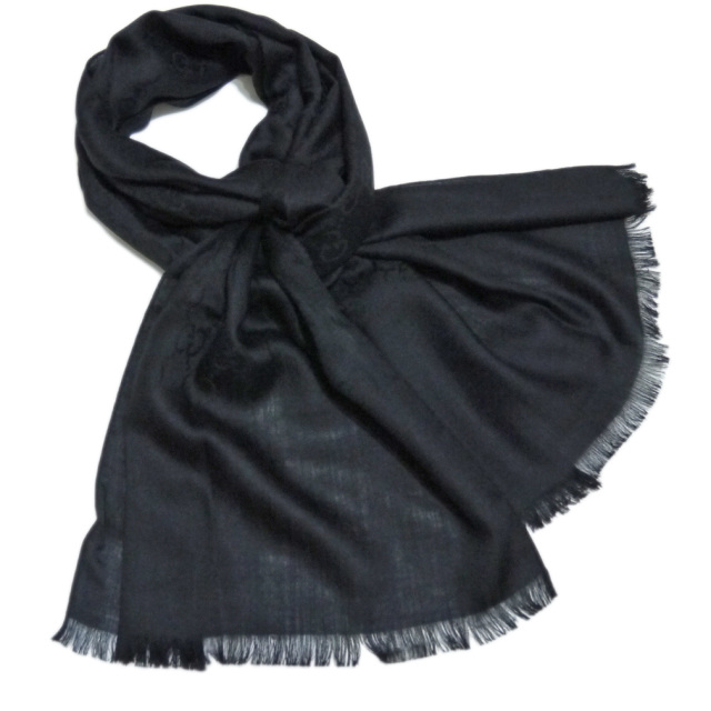 グッチ ウール×シルク GG柄 ストール 黒 GUCCI