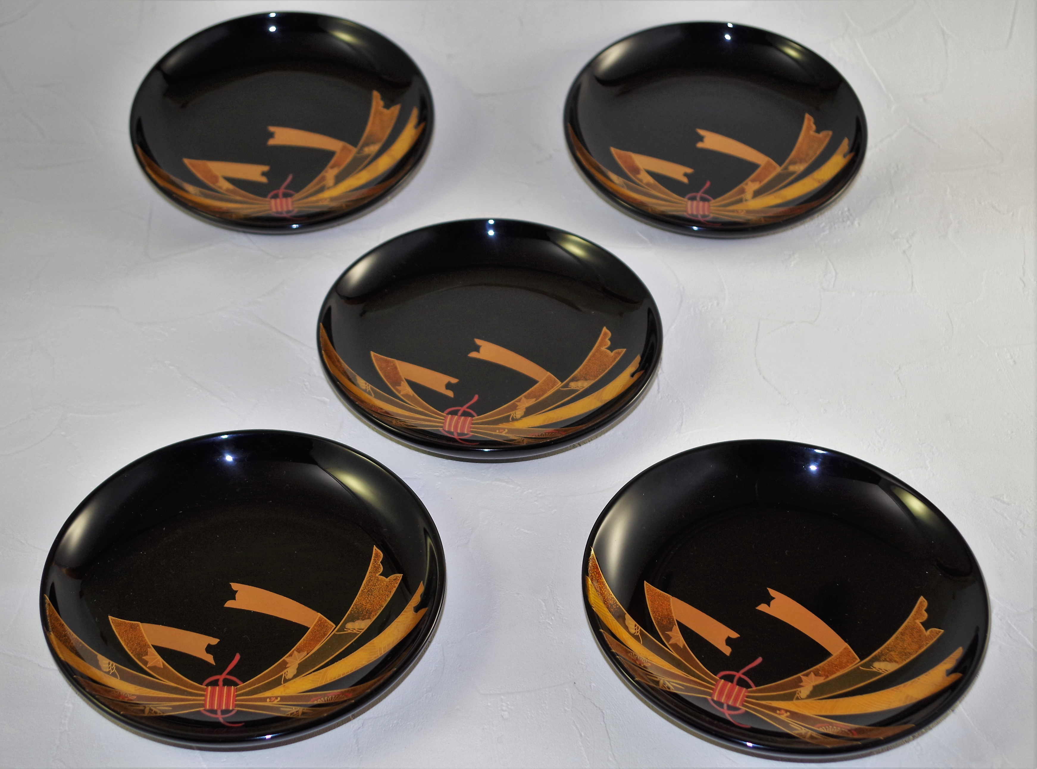 デッドストック！優美な秋草蒔絵の映える蛤形銘々皿5点（検輪島塗蒔絵
