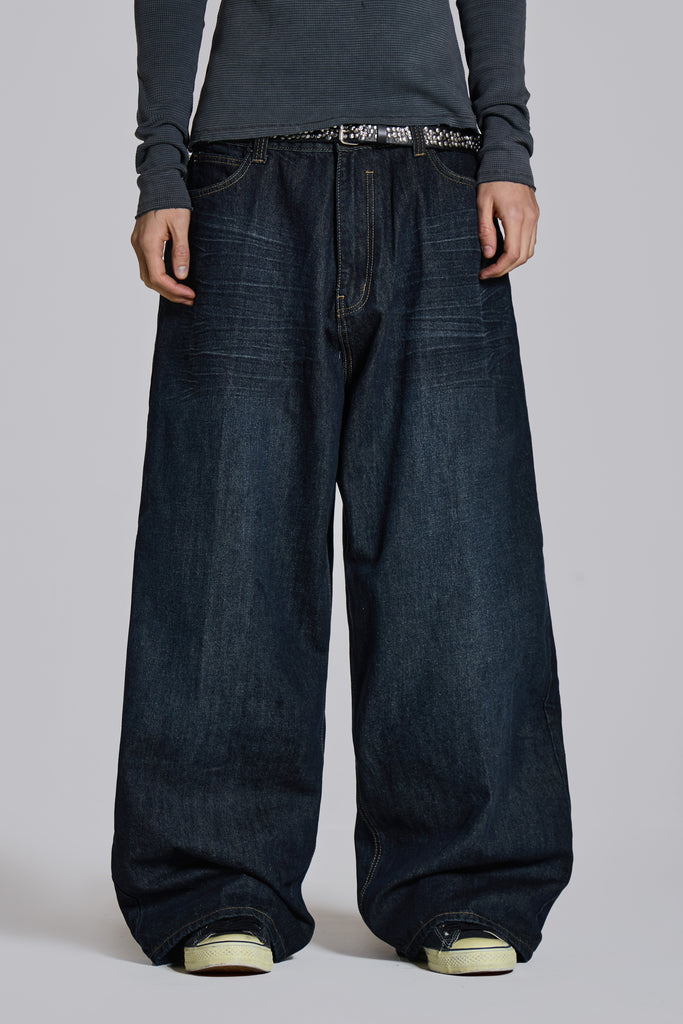 Shop Creased Indigo XL Colossus Jeans | Jaded London | Clothing