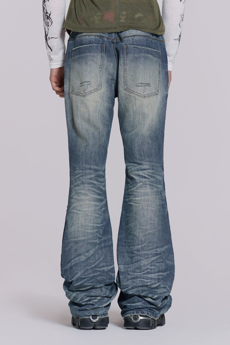 Mid Blue Distressed Creased Drift Bootcut Jeans | Jaded London