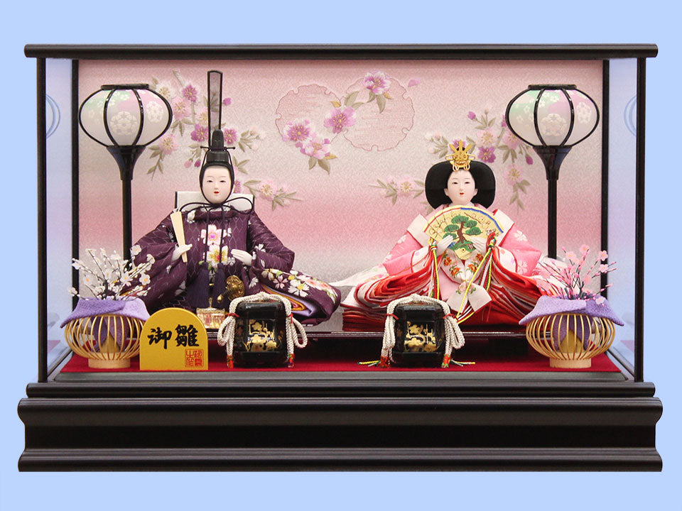 雛人形ケース飾り二人幅52cm｜ガラスケース固定型刺繍雪輪桜小三五親王