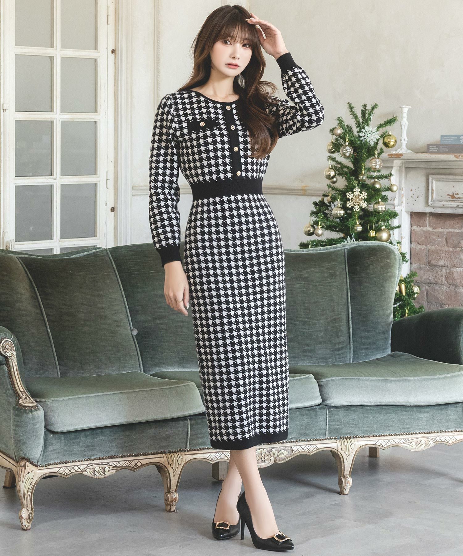 adabat アダバット 38 M ワンピース ノースリーブ 秋冬 千鳥格子柄