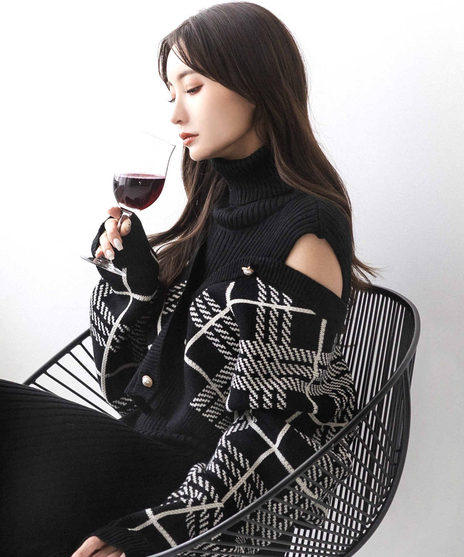 2点セット・チェック柄カーディガン×タートルネックニットワンピース