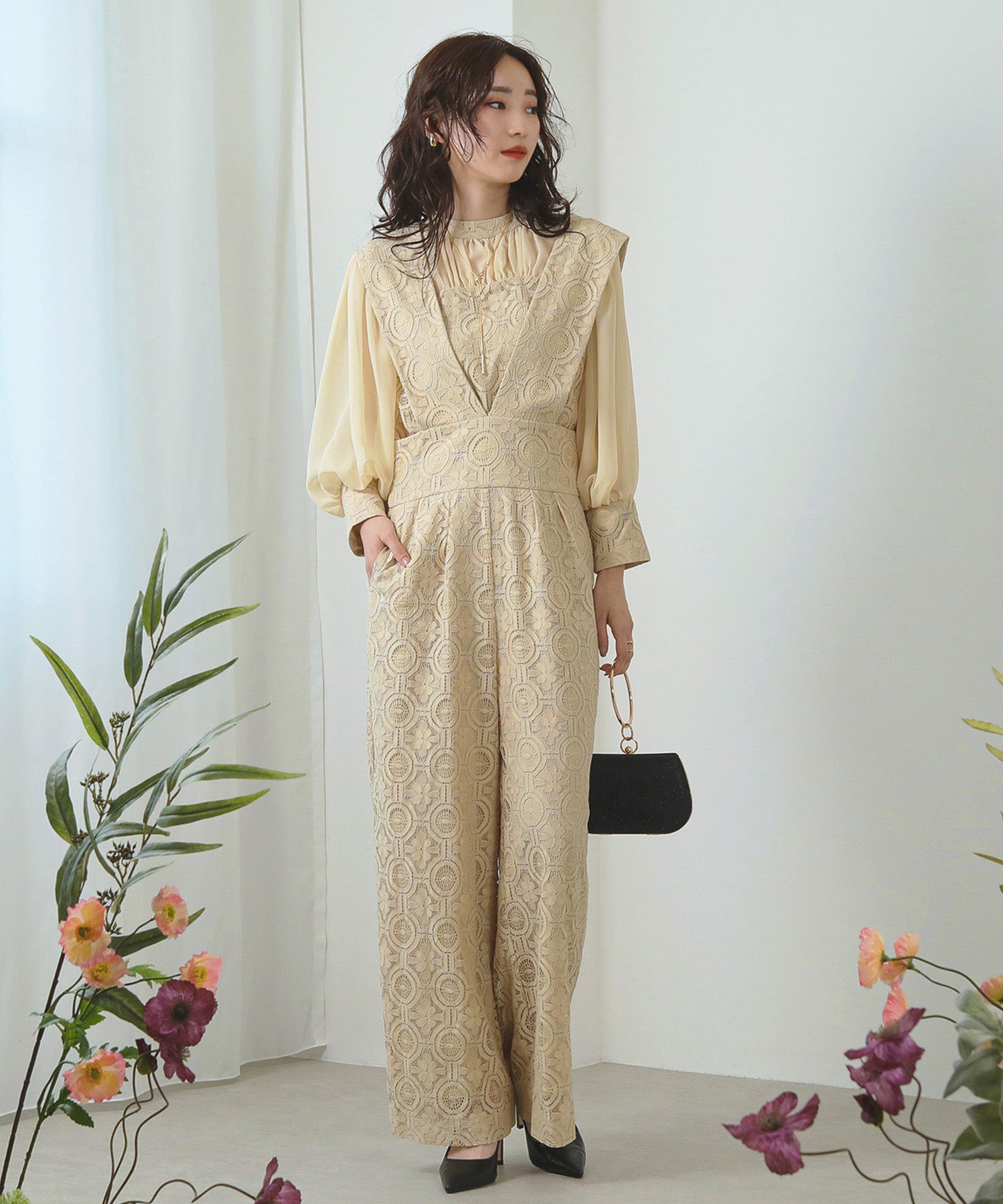 幾何学柄 レース セットアップ パンツ オケージョンドレス