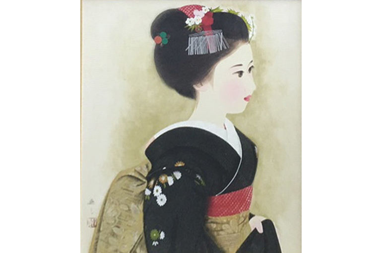 清水達三 「舞妓」 日本画10号 直筆サイン・落款・共シール有り 清水