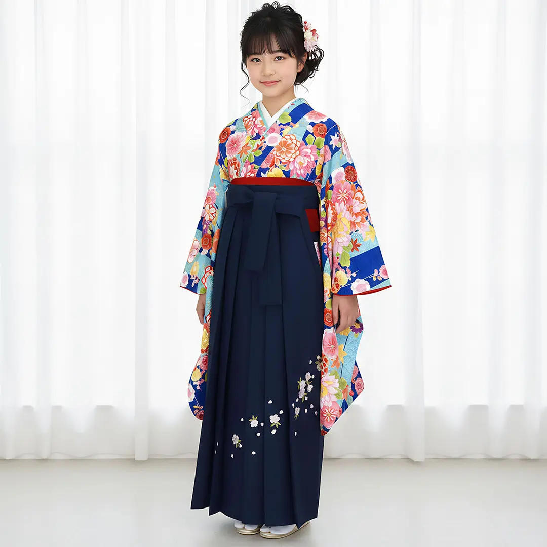青地に矢絣と花・紺袴（刺繍） （小学生）／卒業式 | 宅配着物レンタル