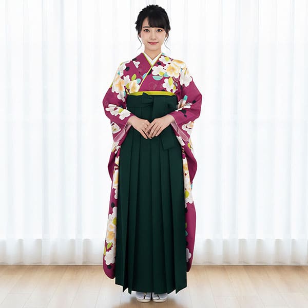 赤紫地に牡丹と梅の振袖・緑袴（無地） （振袖）／卒業式 | 宅配着物