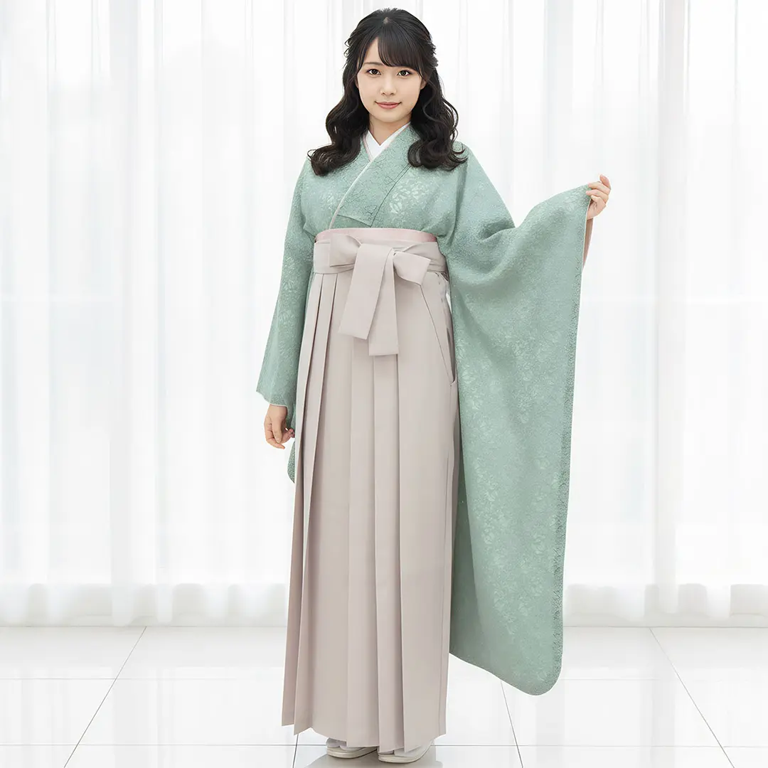 ミントグリーンのレースの振袖・グレージュ袴（無地） （振袖）／卒業