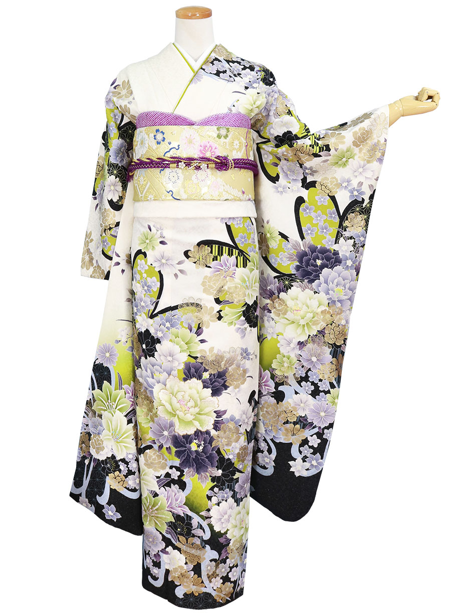 白地に百合と麻の葉の振袖／標準サイズ | 宅配着物レンタルの京都かし