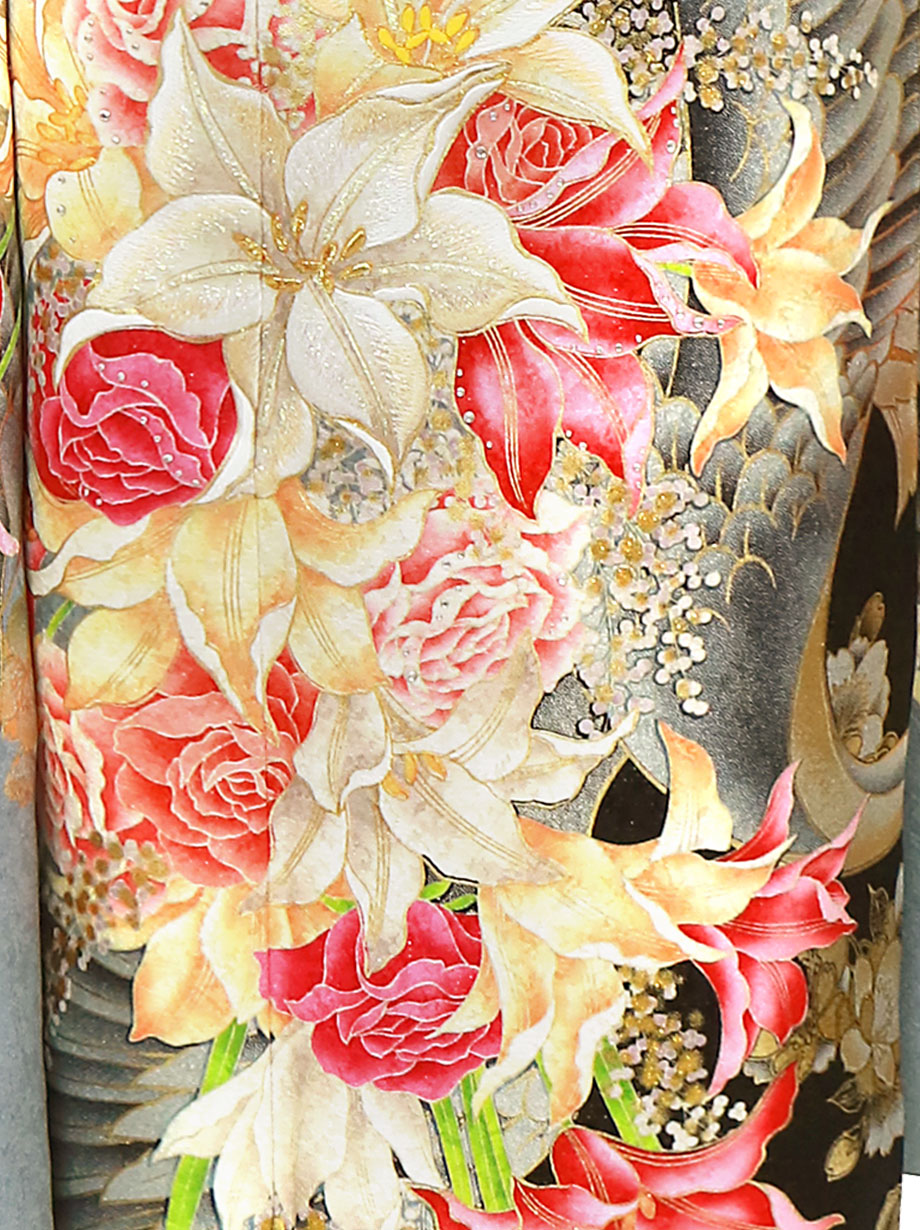 藍ねずに鶴と薔薇、百合の振袖／トールサイズ | 宅配着物レンタルの