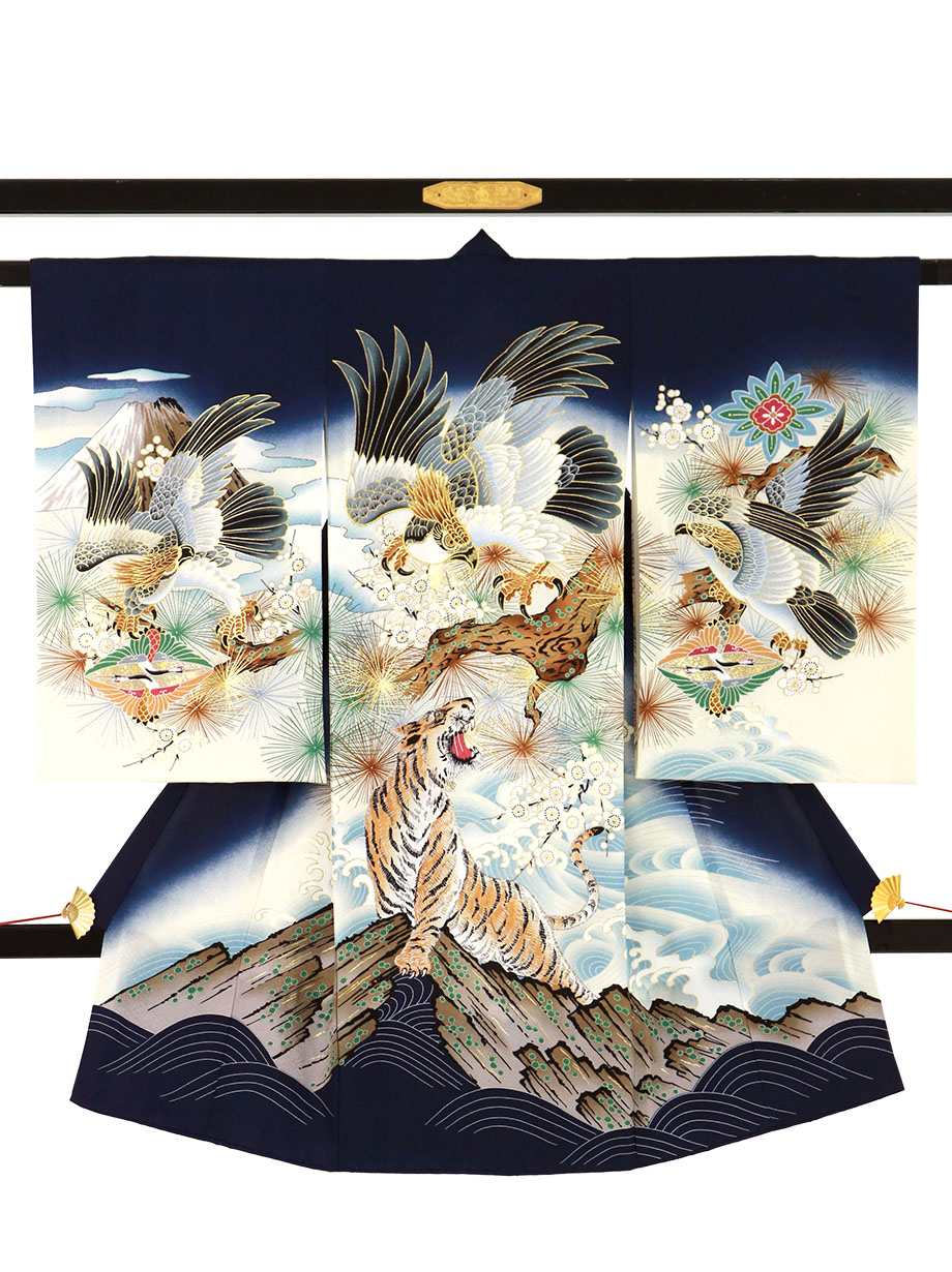 お宮参り産着レンタル／紺地に鷹と虎の祝い着／男児 | お宮参りの産着