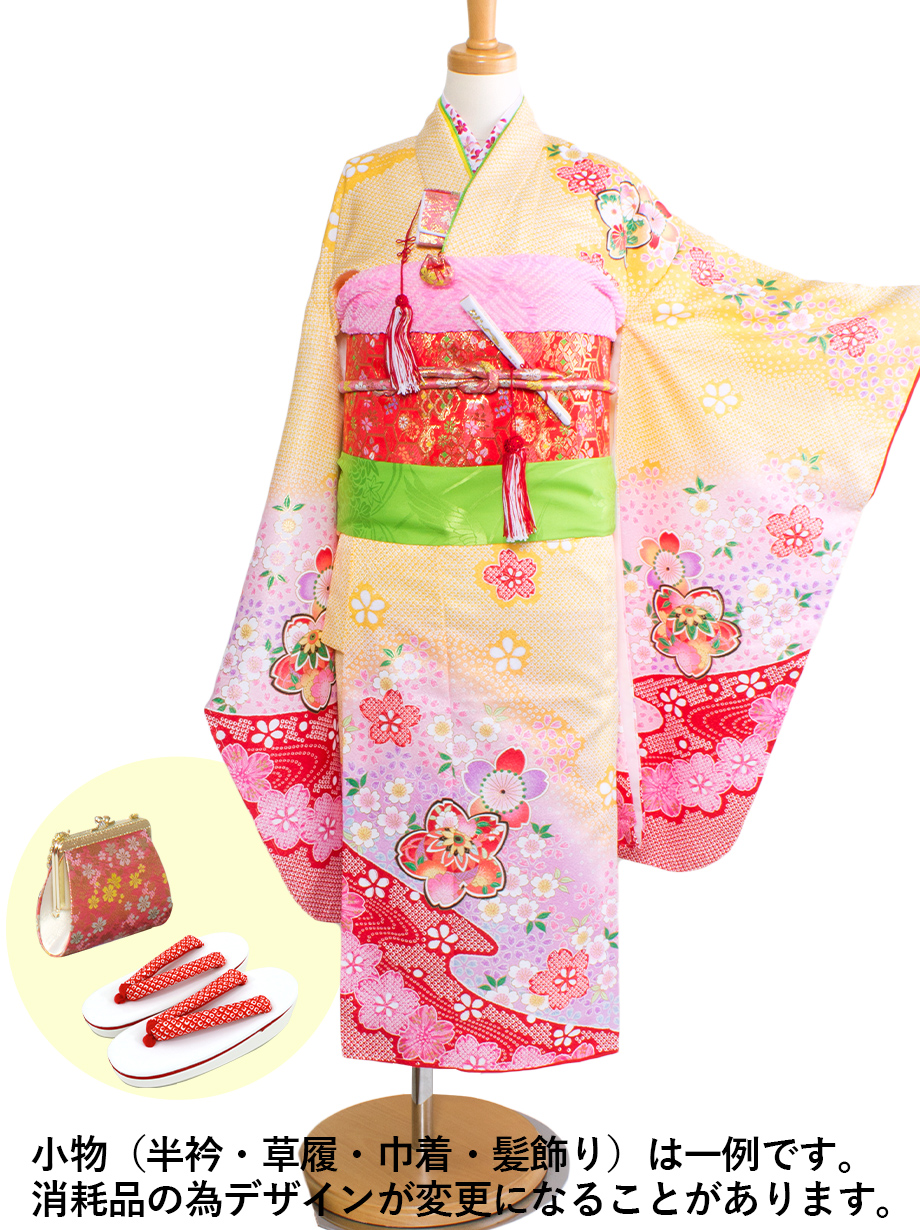 黄色に桜と手鞠の着物／七五三・七歳女の子 | 宅配着物レンタルの京都
