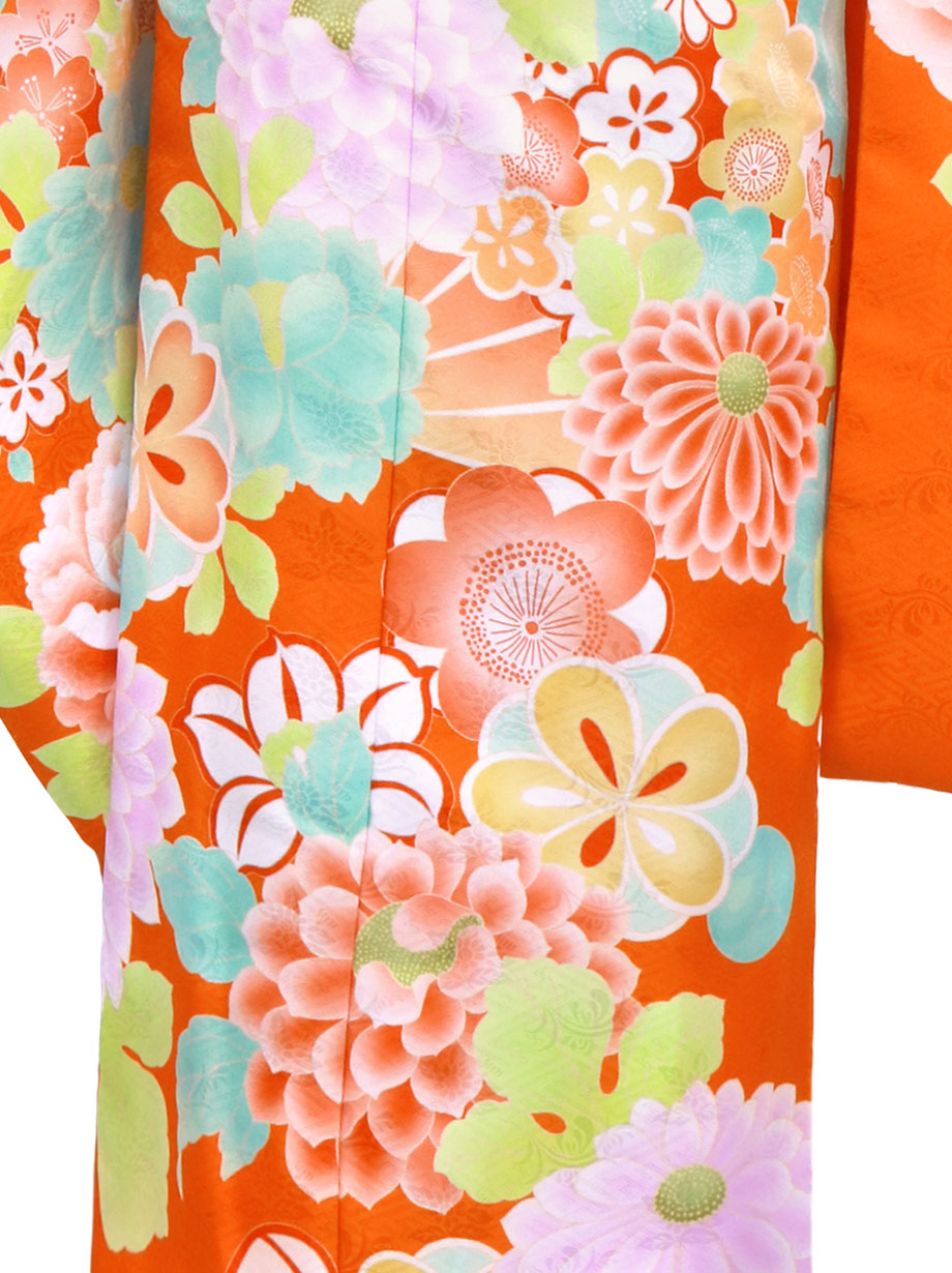 オレンジ地に牡丹づくしの着物／七五三・七歳女の子 | 宅配着物