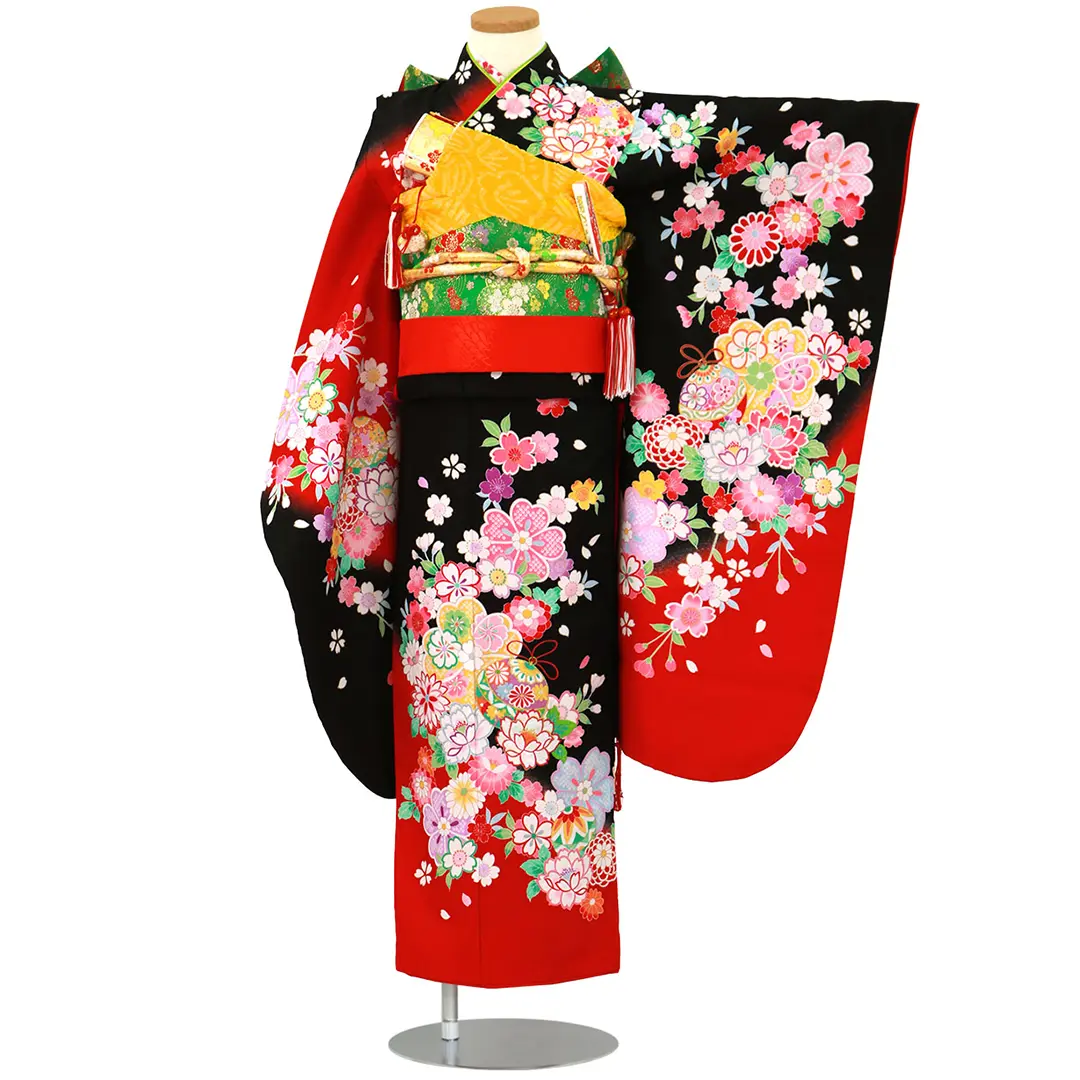 赤と黒に桜と鈴の着物／七五三・七歳女の子 | 宅配着物レンタルの京都