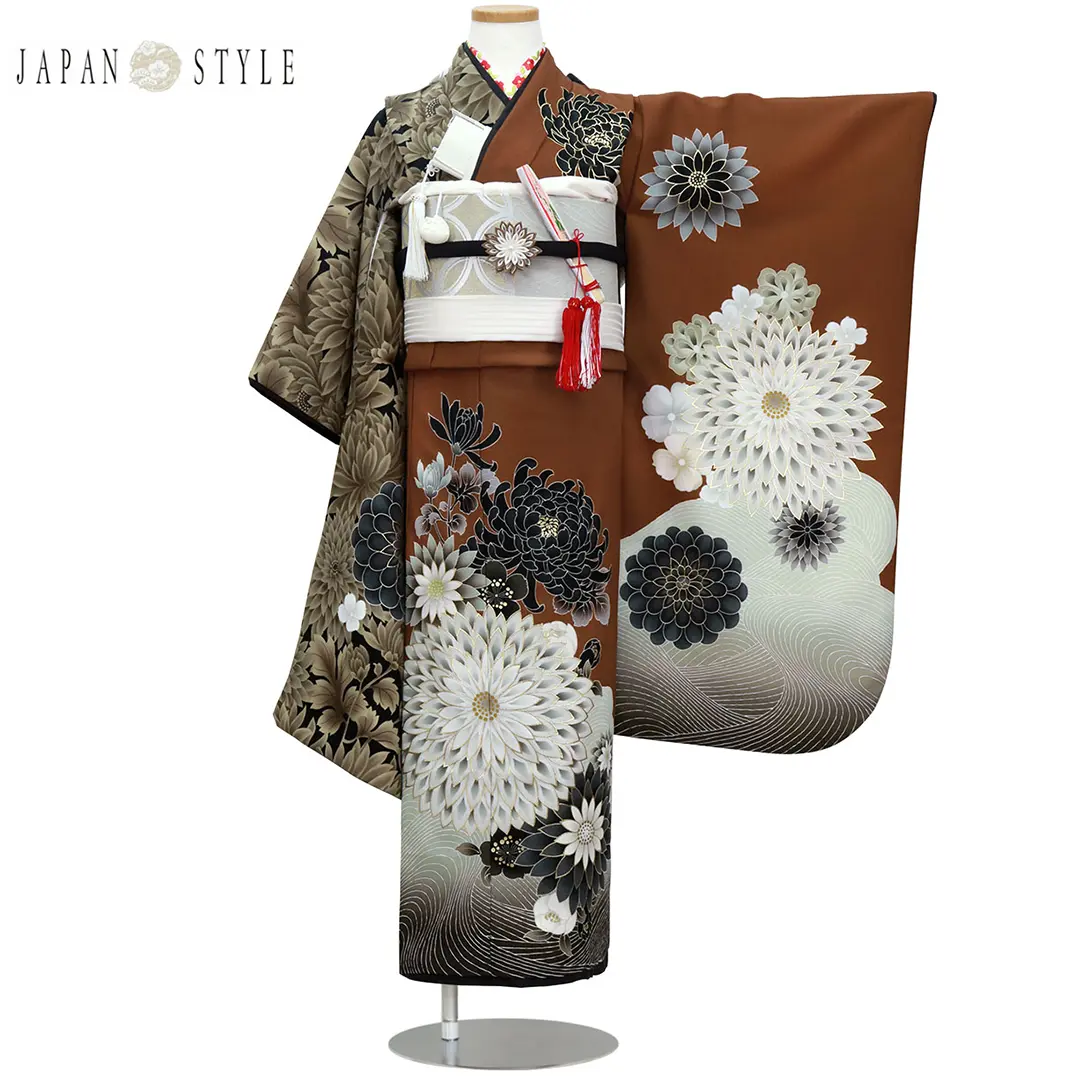 JAPAN STYLE》菊づくし片身がわり(茶）／七五三・七歳の女の子 | 宅配