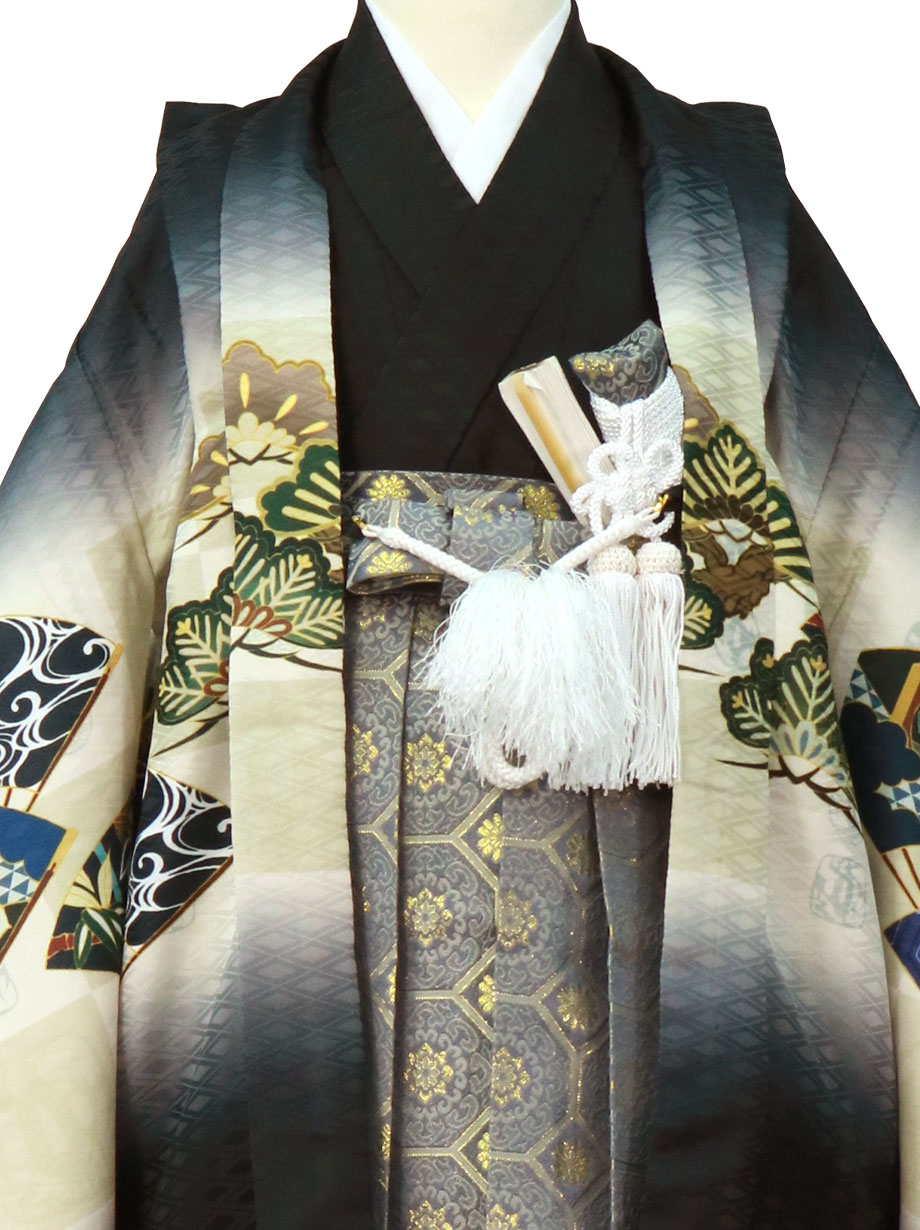 黒地に鷹と市松に扇、藍鼠の袴／七五三・五歳男の子・袴 | 宅配着物