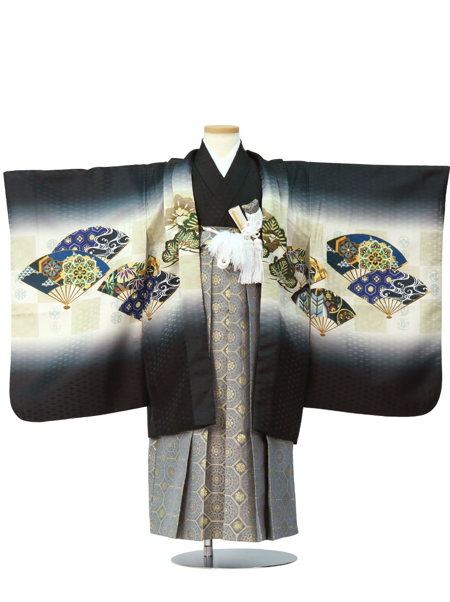 黒地に鷹と市松に扇、藍鼠の袴／七五三・五歳男の子・袴 | 宅配着物
