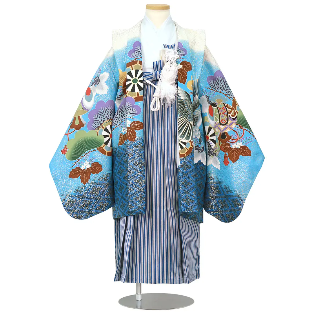 金箔の白と水色に鷹と松、紺縞の袴／七五三・五歳男の子・袴 | 宅配