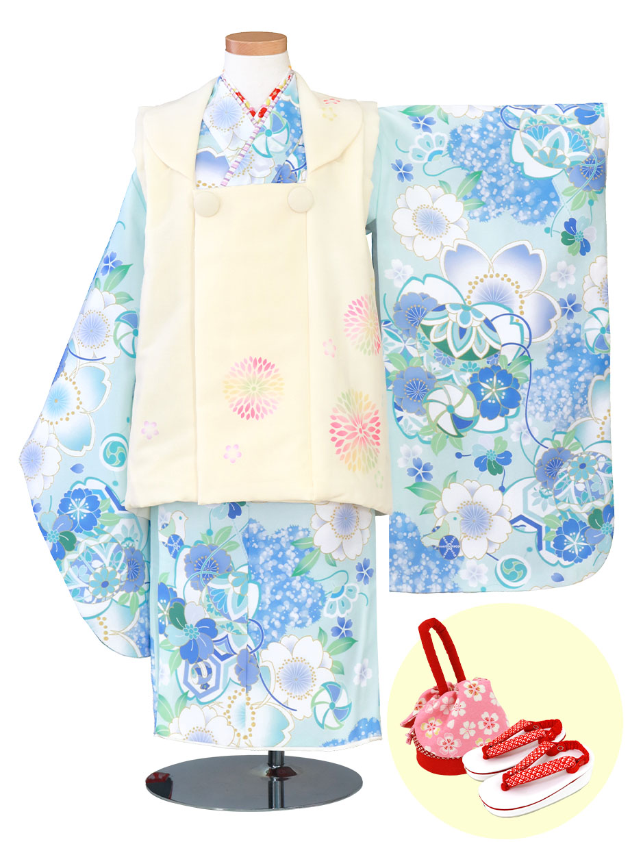 KAGURA》 水色地に桜と鞠、アイボリーの被布コートセット ／七五三・三