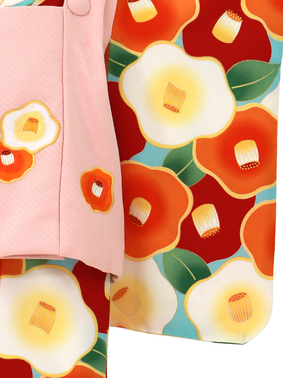 水色地に赤やオレンジの椿、ピンクの被布コートセット／七五三・三歳