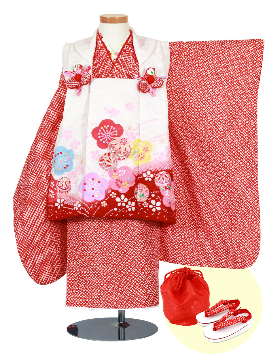 赤地の総疋田に鞠と桜の白の被布コートセット／七五三・三歳女の子