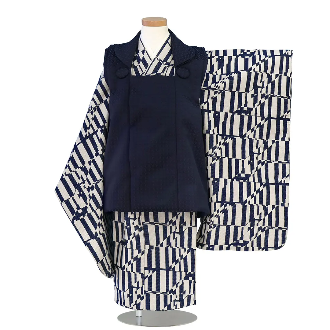 七五三着物レンタル／《花わらべ》紺と白の変わり縞、紺色の被布コート