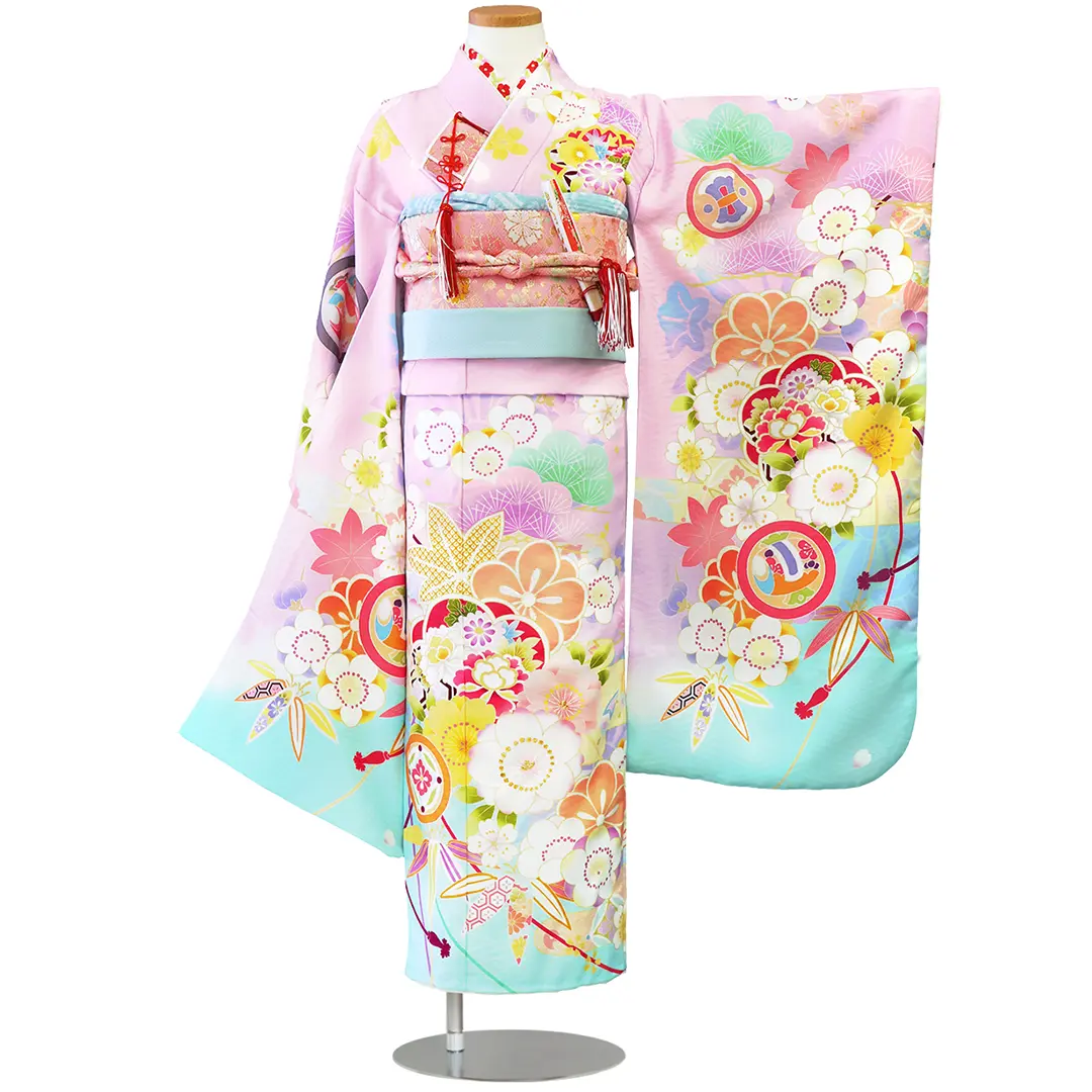 式部浪漫》藤と水色地に梅と笹の着物／七五三・七歳女の子 | 宅配着物