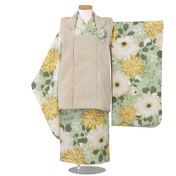 花わらべ》レトロフラワー・くすみグリーン、ベージュの被布コート