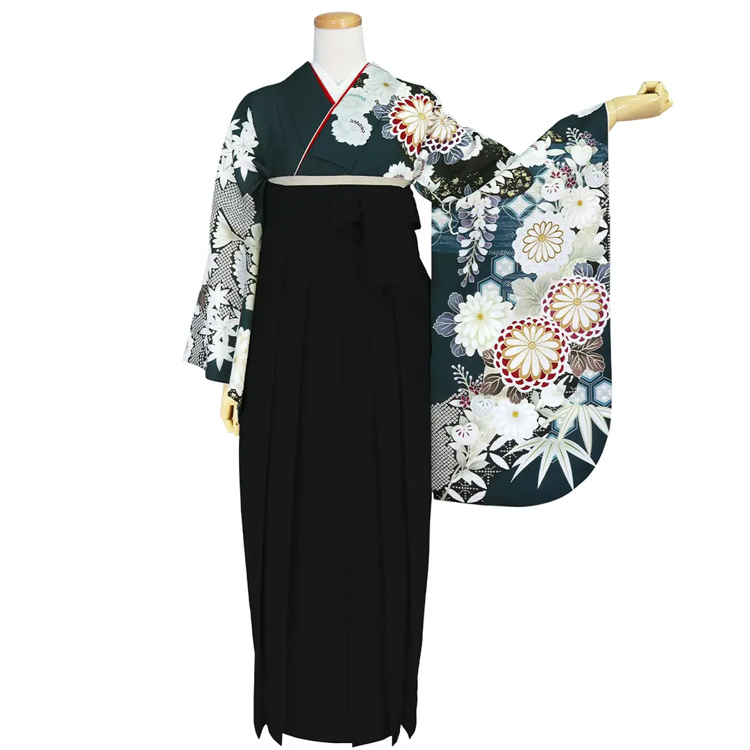卒業式袴レンタル／濃青緑地に菊と亀甲花菱・黒袴（無地） （二尺袖