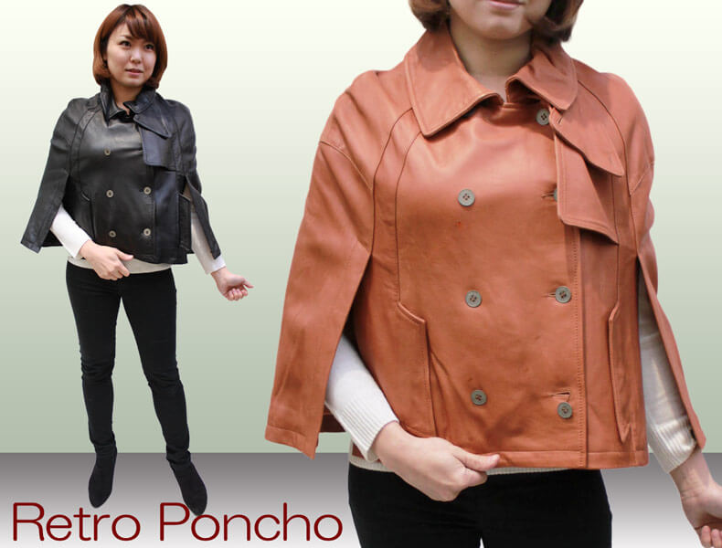 ラム革 ポンチョ レディース ブラック/キャメル フリーサイズ 5135