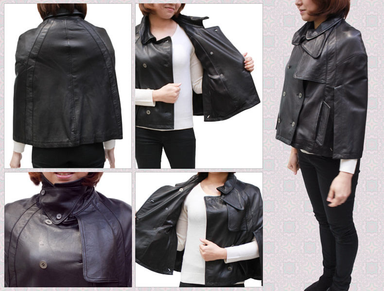 ラム革 ポンチョ レディース ブラック/キャメル フリーサイズ 5135