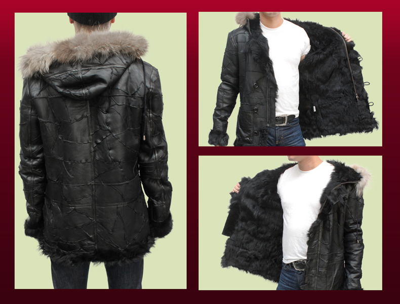 ムートンコート パッチワーク フード付き メンズ ブラック S/M/L/LL/3L