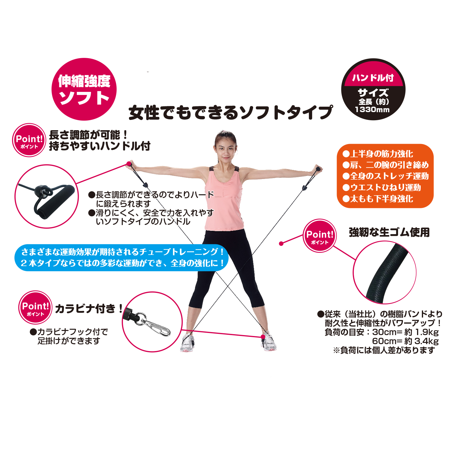 エクササイズバンドハンドル付 ソフト 2個組【トレーニング小物