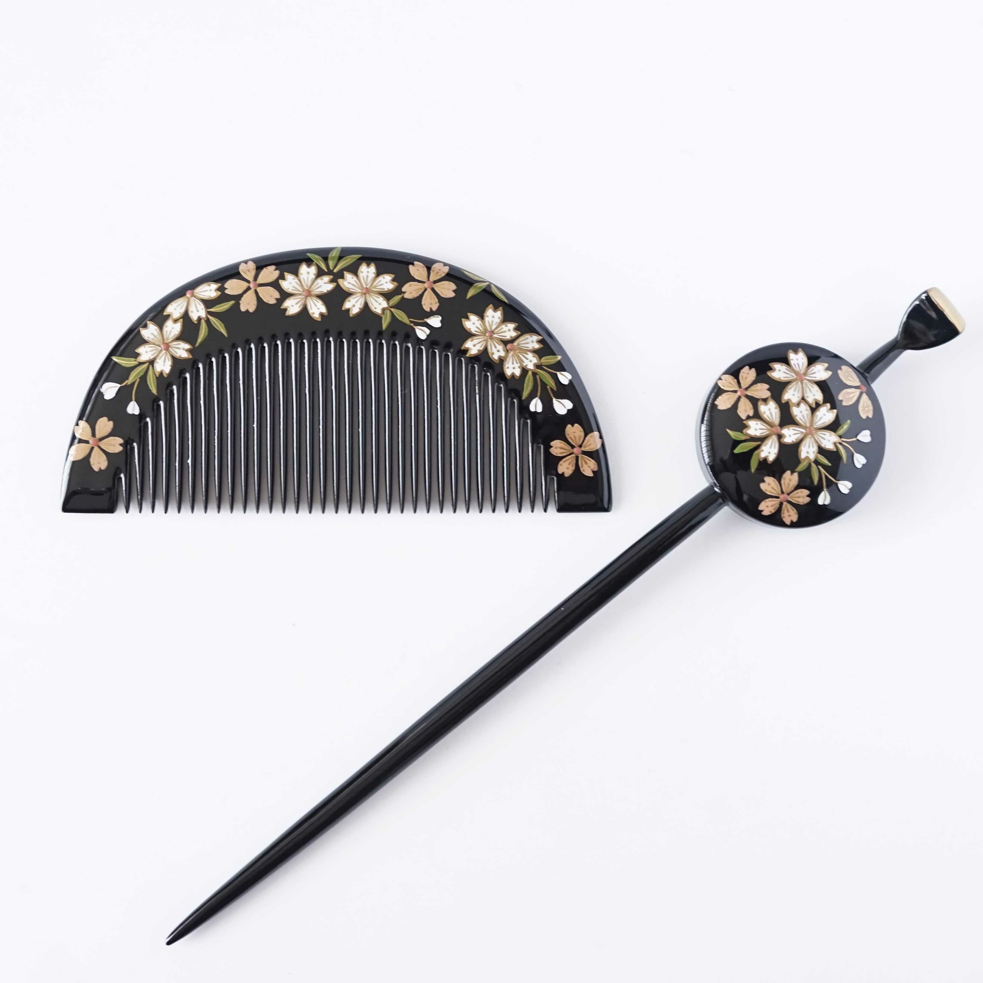 本漆純金蒔絵螺鈿かんざし 櫛・平打ちセット 桜文様 | かづら清老舗