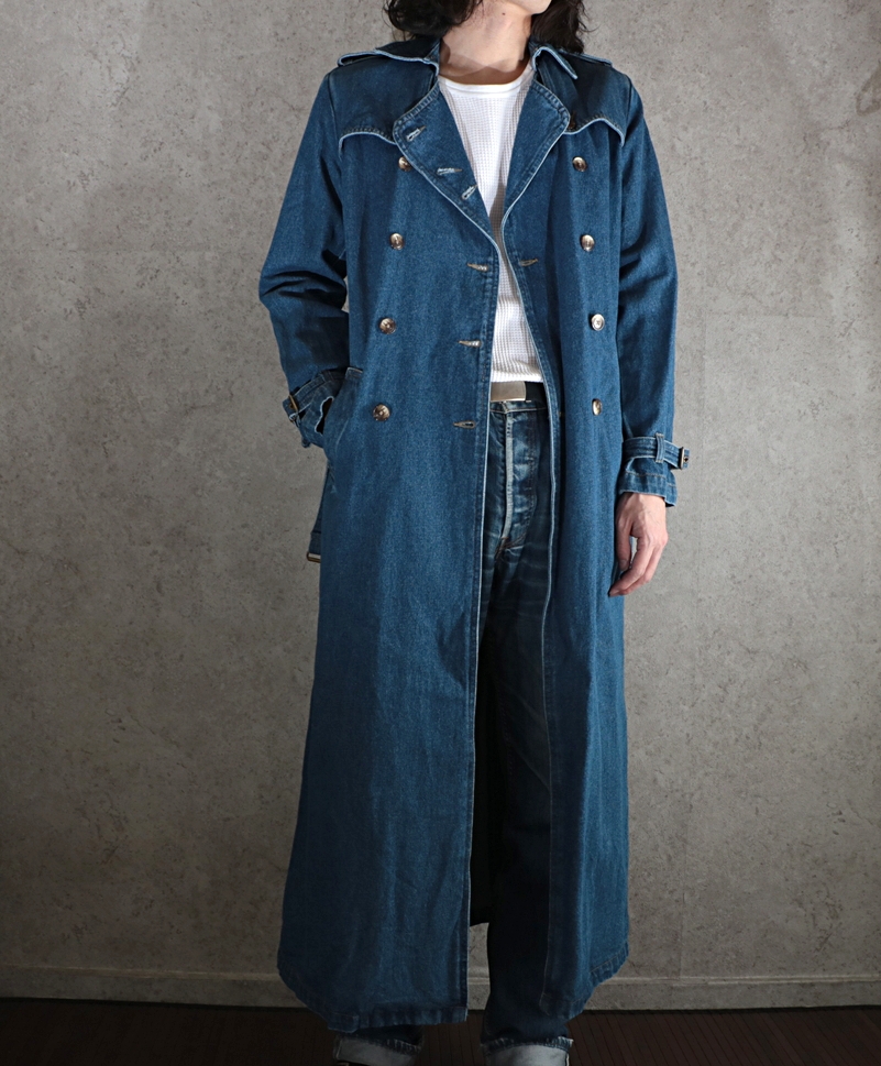 newport news デニム インディゴ トレンチ コート ロング丈 古着 USED