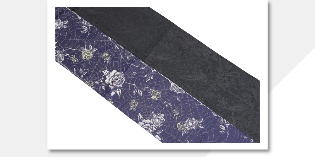 リバーシブル半幅帯 薔薇・蜘蛛の巣×ペイズリー 紺×黒