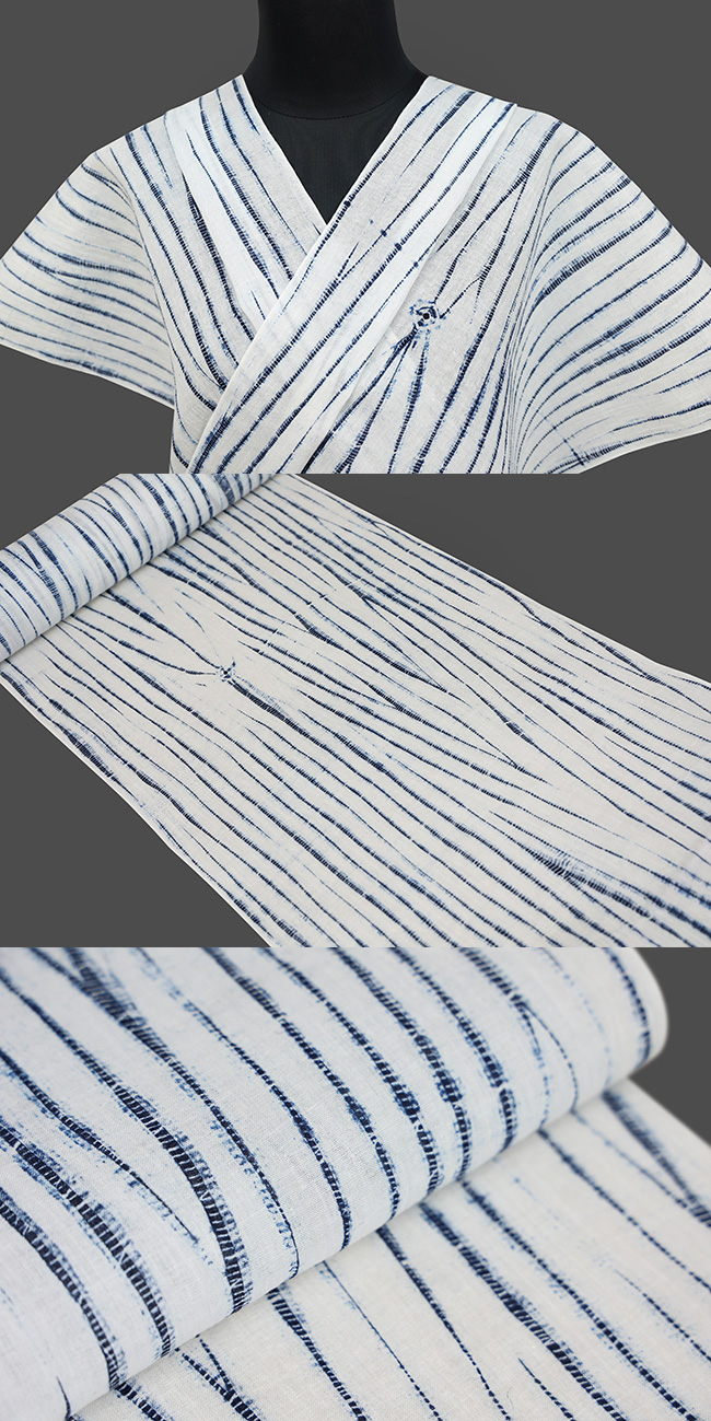 藤井絞 浴衣(ゆかた) 綿麻 竜巻絞 紺×白
