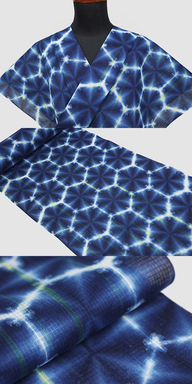 藤井絞 浴衣(ゆかた) 綿麻 紅梅 雪花絞 青×白 ◇女性にオススメ◇